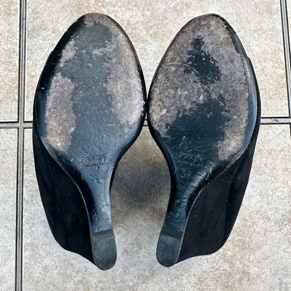 PRADA Women's Black Suede Wedge Peep / Open Toe Mule - Picture 14 of 15